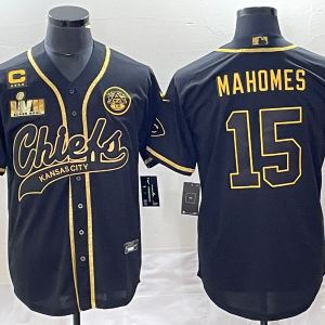 Copy Men's Kansas City Chiefs Chiefs #15 Patrick Mahomes Black Gold Super Bowl LVII Patch And 4-Star Baseball Jersey