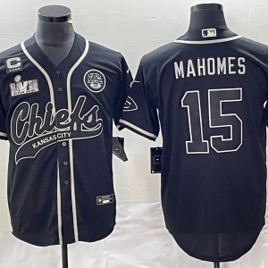 Men's Kansas City Chiefs #15 Patrick Mahomes Black Super Bowl LVII Patch And 4-Star Baseball Jersey