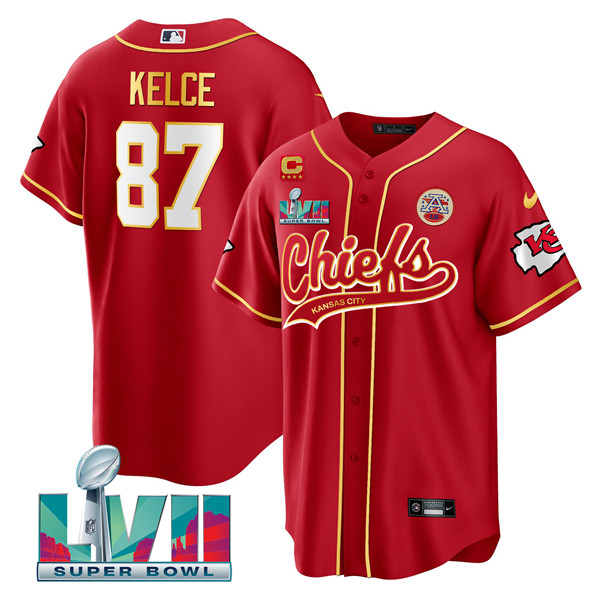 Men's Kansas City Chiefs Chiefs #87 Travis Kelce Red With 4-Star C Patch And Super Bowl LVII Patch Jersey