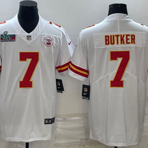 Men's Kansas City Chiefs Chiefs #7 Harrison Butker White Super Bowl LVII Patch Vapor Limited Jersey