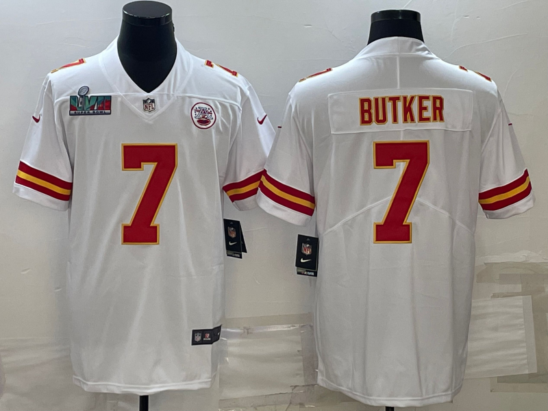 Men's Kansas City Chiefs Chiefs #7 Harrison Butker White Super Bowl LVII Patch Vapor Limited Jersey