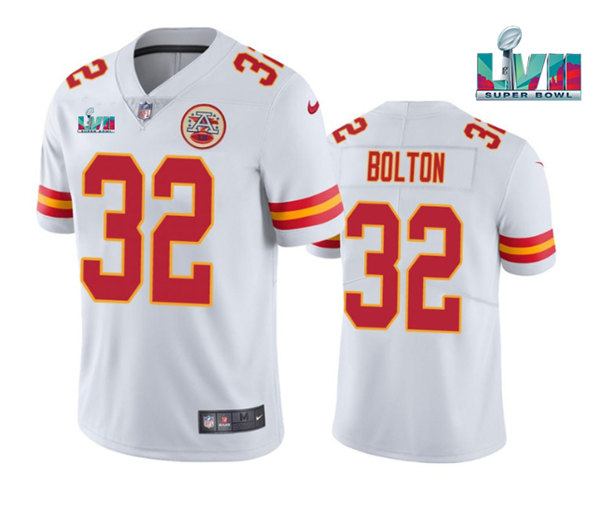 Men's Kansas City Chiefs Chiefs #32 Nick Bolton White Super Bowl LVII Patch Vapor Limited Jersey