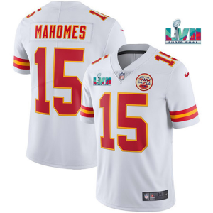 Men??s Kansas City Chiefs #15 Patrick Mahomes White Super Bowl LVII Patch Vapor Limited Jersey