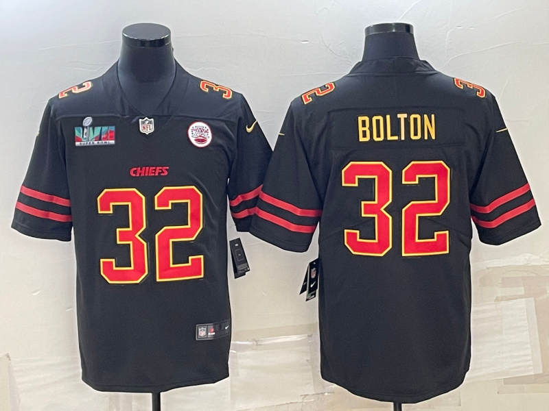 Men's Kansas City Chiefs Chiefs #32 Nick Bolton Black Red Gold Super Bowl LVII Patch Vapor Limited Jersey