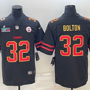Men's Kansas City Chiefs #32 Nick Bolton Black Red Gold Super Bowl LVII Patch Vapor Limited Jersey