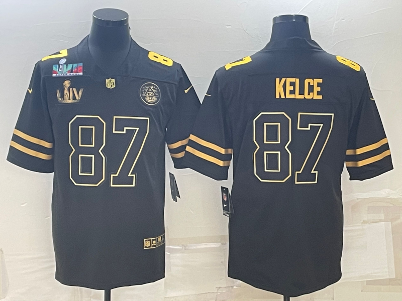 Men's Kansas City Chiefs Chiefs #87 Travis Kelce Black Golden Super Bowl LV And Super Bowl LVII Limited Jersey