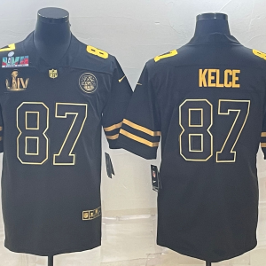 Men's Kansas City Chiefs #87 Travis Kelce Black Golden Super Bowl LV And Super Bowl LVII Limited Jersey
