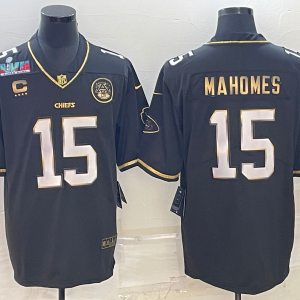 Men's Kansas City Chiefs Chiefs #15 Patrick Mahomes Black Gold Super Bowl LVII Patch And 4-Star Limited Jersey