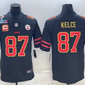 Men's Kansas City Chiefs Chiefs #87 Travis Kelce Black Red Gold Super Bowl LVII Patch And 4-Star Limited Jersey