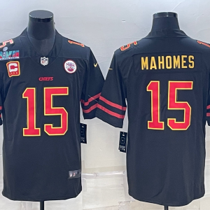 Men's Kansas City Chiefs Chiefs #15 Patrick Mahomes Black Red Gold Super Bowl LVII Patch And 4-Star Limited Jersey