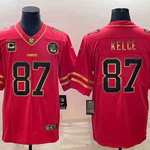 Men's Kansas City Chiefs Chiefs #87 Travis Kelce Red Gold Super Bowl LVII Patch And 4-Star Limited Jersey