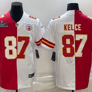 Men's Kansas City Chiefs #87 Travis Kelce Red & White Split Super Bowl LVII Patch Limited Jersey