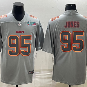 Men's Kansas City Chiefs #95 Chris Jones Gray Super Bowl LVII Patch Atmosphere Fashion Limited Jersey