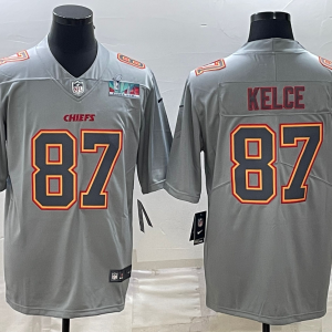 Men's Kansas City Chiefs #87 Travis Kelce Gray Super Bowl LVII Patch Atmosphere Fashion Limited Jersey