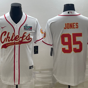 Men's Kansas City Chiefs Chiefs #95 Chris Jones White With Super Bowl LVII Patch Baseball Jersey