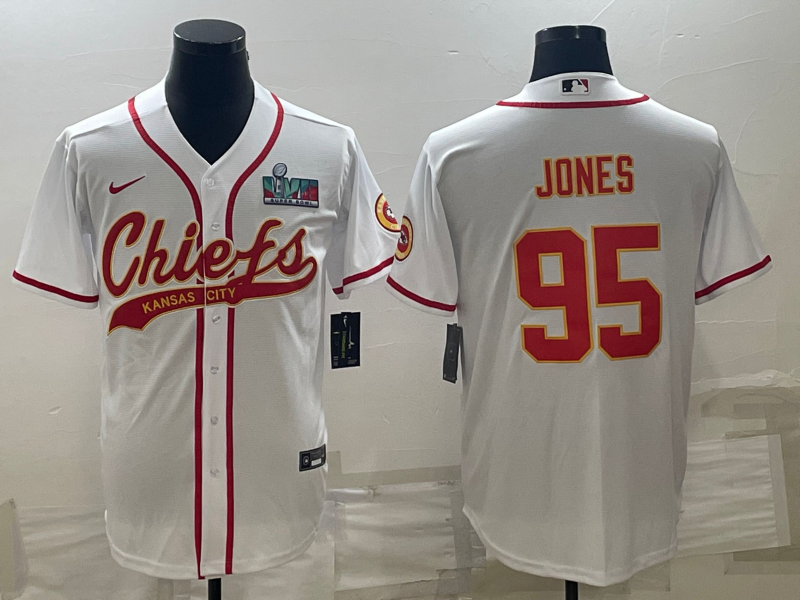 Men's Kansas City Chiefs Chiefs #95 Chris Jones White With Super Bowl LVII Patch Baseball Jersey