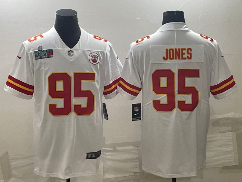 Men's Kansas City Chiefs Chiefs #95 Chris Jones White With Super Bowl LVII Patch Untouchable Limited Jersey