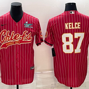 Men's Kansas City Chiefs #87 Travis Kelce Red With Super Bowl LVII Patch Baseball Jersey