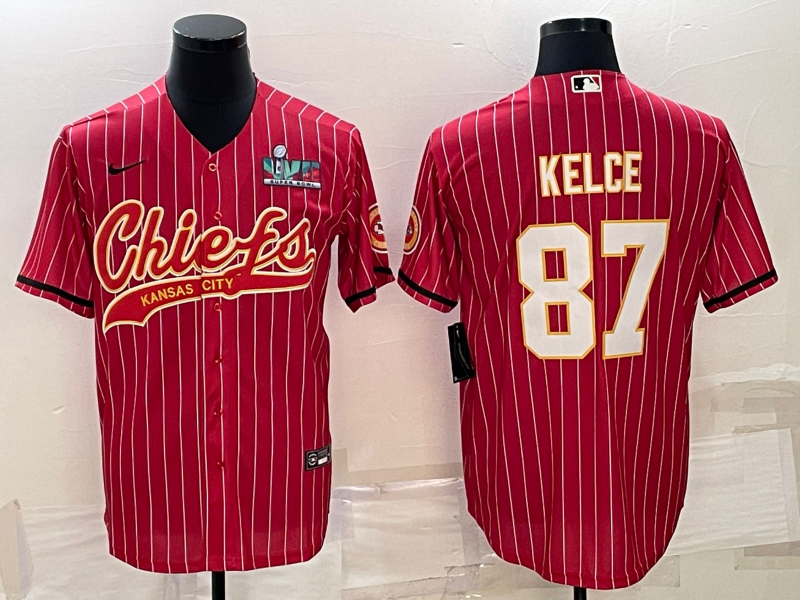 Men's Kansas City Chiefs #87 Travis Kelce Red With Super Bowl LVII Patch Baseball Jersey