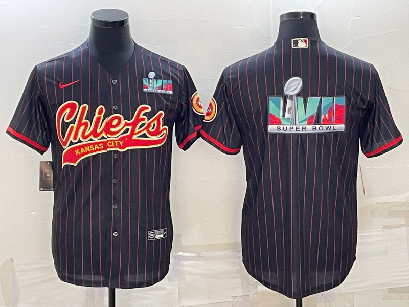 Men's Kansas City Chiefs Chiefs Black With Super Bowl LVII Big Logo Baseball Jersey
