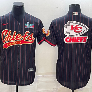 Men's Kansas City Chiefs Black Team Big Logo With Super Bowl LVII Patch Baseball Jersey