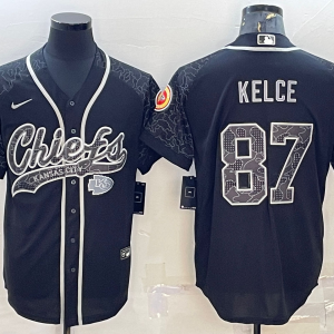Men's Kansas City Chiefs #87 Travis Kelce Black Reflective With Patch Baseball Jersey