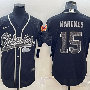 Men's Kansas City Chiefs #15 Patrick Mahomes Black Reflective With Patch Baseball Jersey