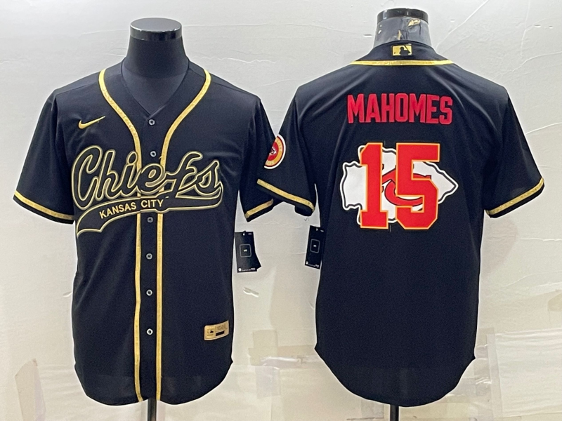 Men's Kansas City Chiefs Chiefs #15 Patrick Mahomes Black Gold Team Big Logo With Patch Baseball Jersey