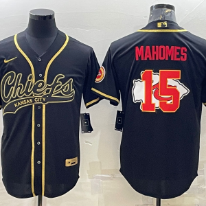 Men's Kansas City Chiefs #15 Patrick Mahomes Black Gold Team Big Logo With Patch Baseball Jersey