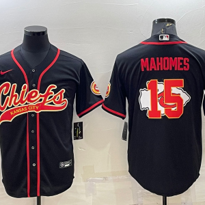 Men's Kansas City Chiefs Chiefs #15 Patrick Mahomes Black Team Big Logo With Patch Baseball Nike Jersey
