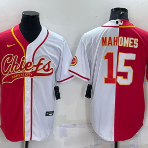 Men's Kansas City Chiefs #15 Patrick Mahomes Red/White Split Baseball Nike Jersey