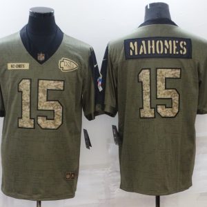 Men's Kansas City Chiefs #15 Patrick Mahomes 2021 Olive Camo Salute To Service Limited Jersey