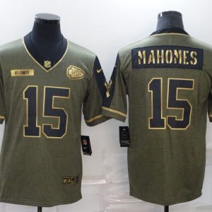 Men's Kansas City Chiefs #15 Patrick Mahomes 2021 Olive Salute To Service Golden Limited Jersey