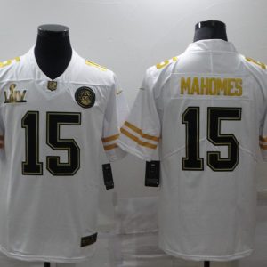 Men's Kansas City Chiefs #15 Patrick Mahomes White Super Bowl LIV Golden Edition Limited Jersey