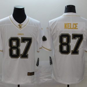 Men's Kansas City Chiefs #87 Travis Kelce White 2019 100th Season Golden Edition Limited Jersey