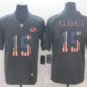 Men's Kansas City Chiefs #15 Patrick Mahomes Grey 2019 Salute To Service USA Flag Limited Jersey