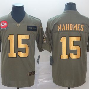 Men's Kansas City Chiefs #15 Patrick Mahomes 2019 Olive/Gold Salute To Service Limited Jersey