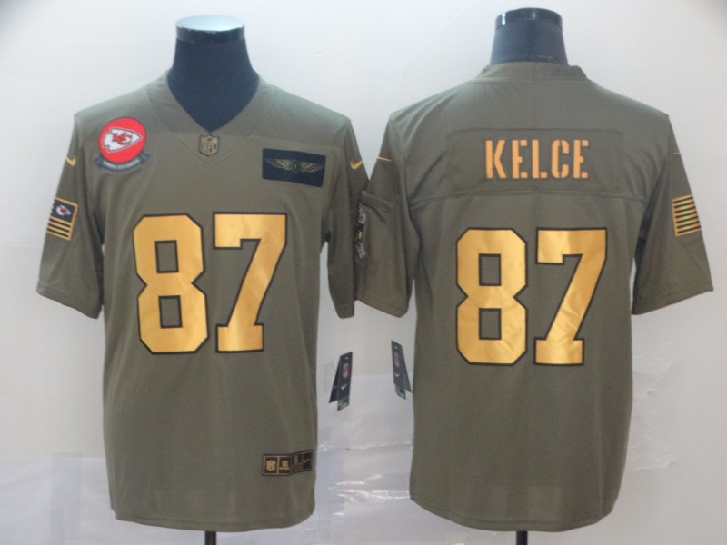 Men's Kansas City Chiefs Chiefs #87 Travis Kelce 2019 Olive/Gold Salute To Service Limited Jersey
