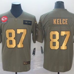 Men's Kansas City Chiefs #87 Travis Kelce 2019 Olive/Gold Salute To Service Limited Jersey