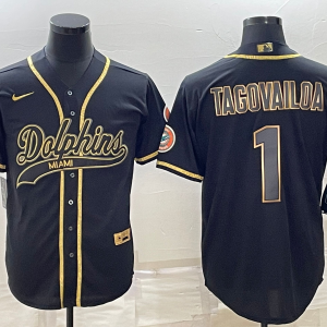 Men's Miami Dolphins #1 Tua Tagovailoa Black Gold With Patch Cool Base Stitched Jersey