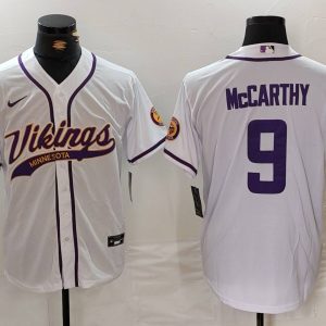 Men's Minnesota Vikings #9 J.J. McCarthy Yellow Cool Base Stitched Baseball Jersey