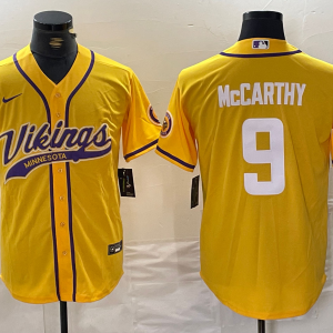 Men's Minnesota Vikings #9 J.J. McCarthy Yellow Cool Base Stitched Baseball Jersey