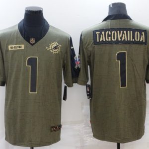 Men's Miami Dolphins #1 Tua Tagovailoa 2021 Olive Camo Salute To Service Limited Jersey
