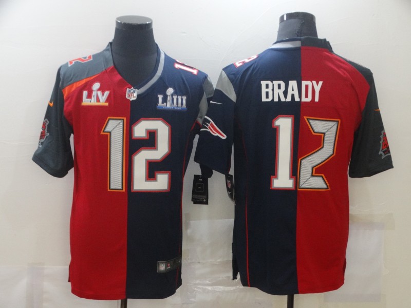 Men's Buccaneers/Patriots #12 Tom Brady Red Blue Split 2021 Super Bowl Limited Jersey