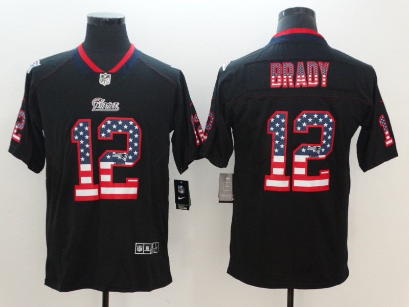 Nike 2018 New England Patriots Patriots 12 Brady USA Flag Fashion Black Color Rush Limited Jersey