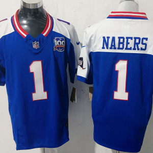 Men's New York Giants #1 Nabers Royal/White 2025 Draft F.U.S.E. 100th Season & State Jersey