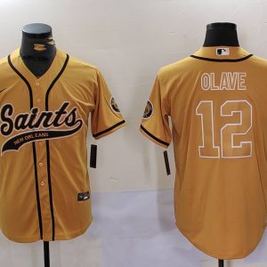 Men's New Orleans Saints #12 Chris Olave Gold Stitched Baseball Jersey
