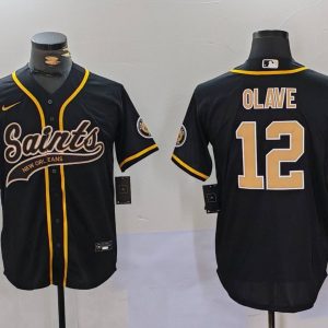 Men's New Orleans Saints #12 Chris Olave Black Stitched Baseball Jersey