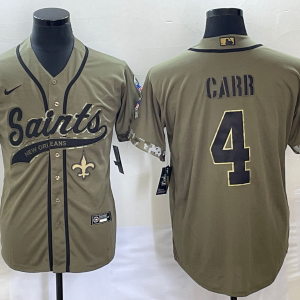 Men's New Orleans Saints #4 Derek Carr Olive Salute To Service With Patch Baseball Jersey