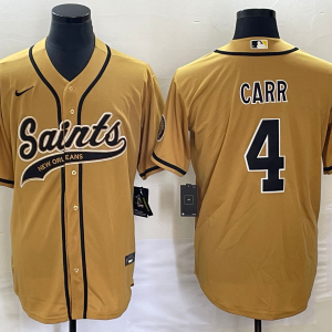 Men's New Orleans Saints #4 Derek Carr Gold With Patch Cool Base Stitched Baseball Jersey